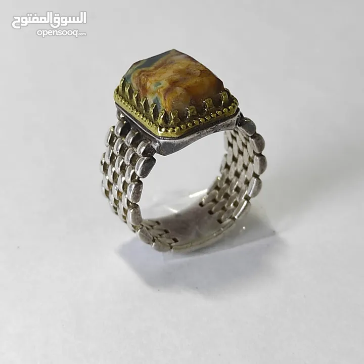 خاتم فضة إيرانية 95،بحجر جاسبر الكوني الأصفر (Yellow Galaxy Jasper Stone)