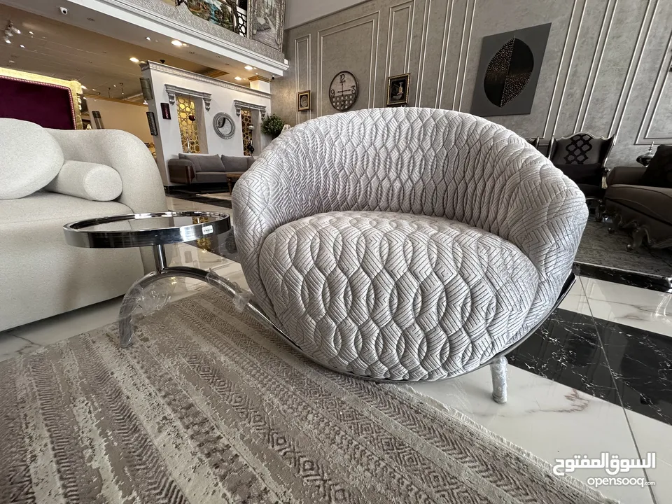 Modern Turkish Chair with Attached Table - Nickel Frame and Soft Grey Velvet