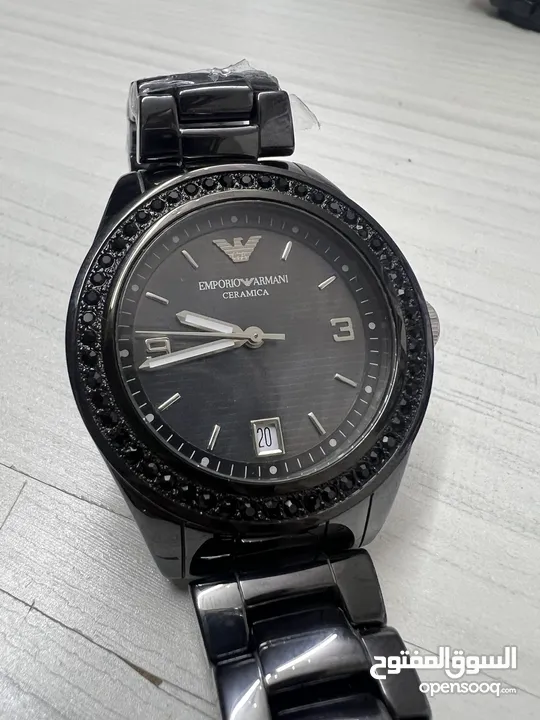 EMPORIO ARMANI BLACK STEEL CERAMICA WITH CRYSTALS AR 142 اصلية 100% جديدة ولا خدش