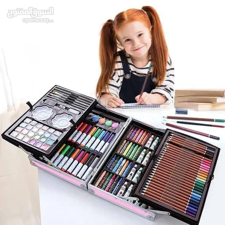 طقم الوان رسم للاطفال كافه انواع الالوان المائيه والشمعيه والخشبيه  والماجيك وادوات الرسم 145 قطعه