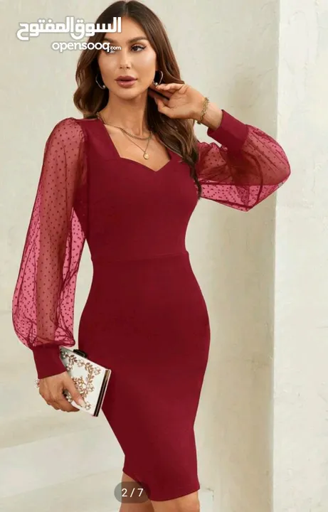 SHEIN dark red square necked beautiful date night dress with net puffy sleeves