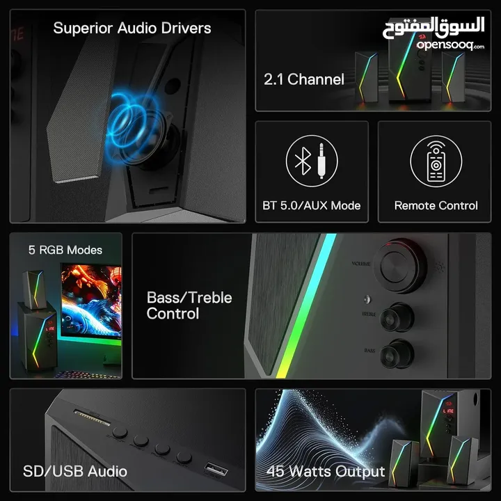Redragon GS520 PRO Computer Gaming Speakers with Subwoofer, 2.1 Channel RGB سماعات مع اضاءة صوت صح