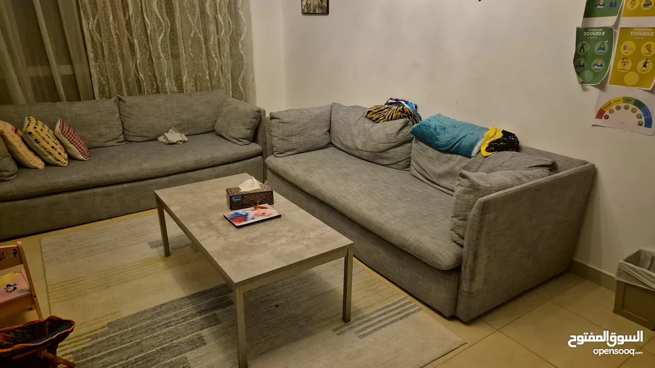 2 3-seater couches with coffee table and rug