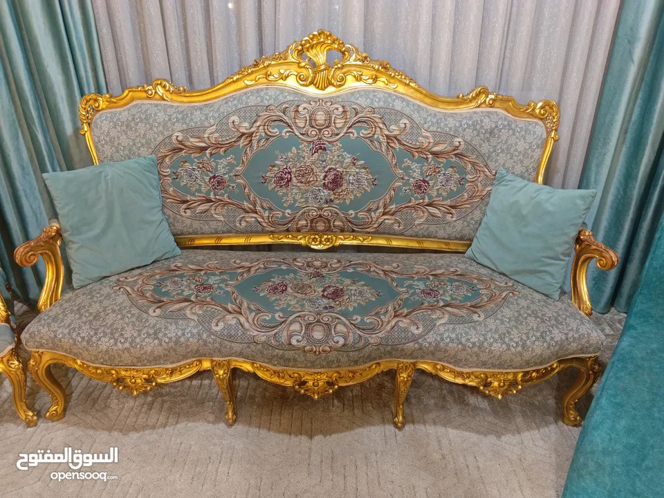خشب زان طقم كنب فاخر بلون (فيروزي +ذهبي)مصري خشب زان