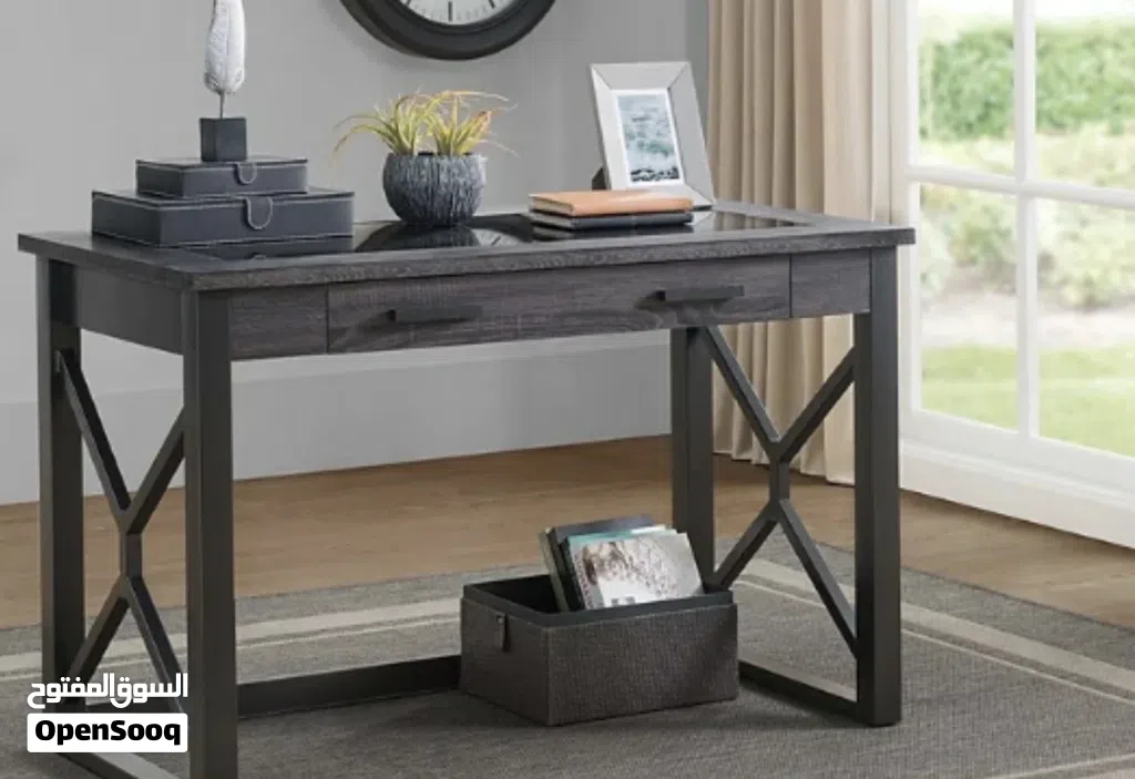 Executive Writing Desk – Espresso-Gray Wood & Black Glass