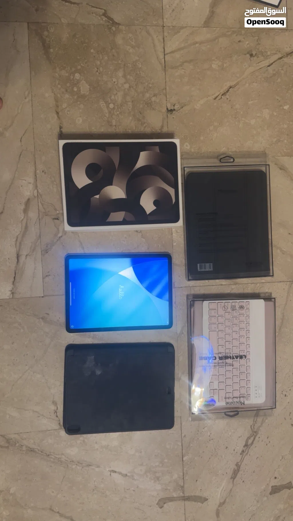 ايباد اير 5 مستعمل بحالة وكاله مع الكرتونه ختم شركه آبل مع 3 كفرات وكيبوردCase 64 جيجابايت