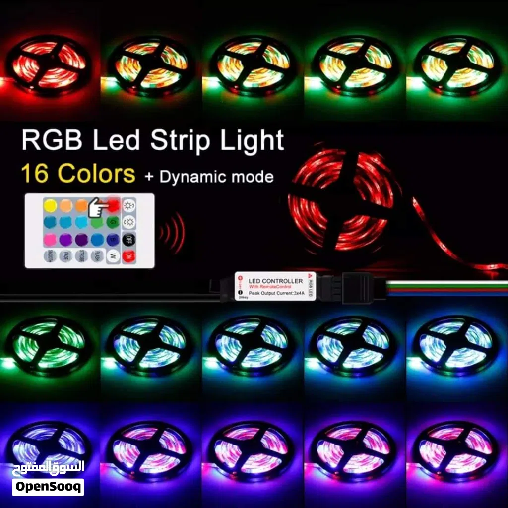 حبل ليد RGB دبل فيس لاصق يضي اكثر من 16 لون و حركه و تحكم بالريموت 5 متر اضائه ضوء اناره