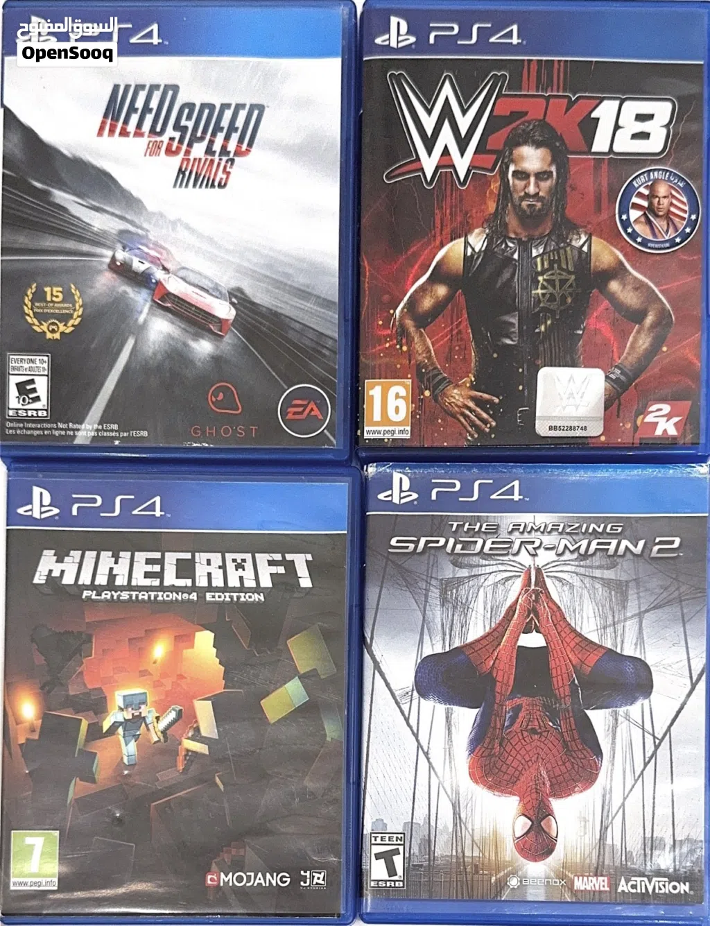 4 Used PS4 Games Bundle - Minecraft / Spider-Man 2 Rare / NFS / WWE 2K18