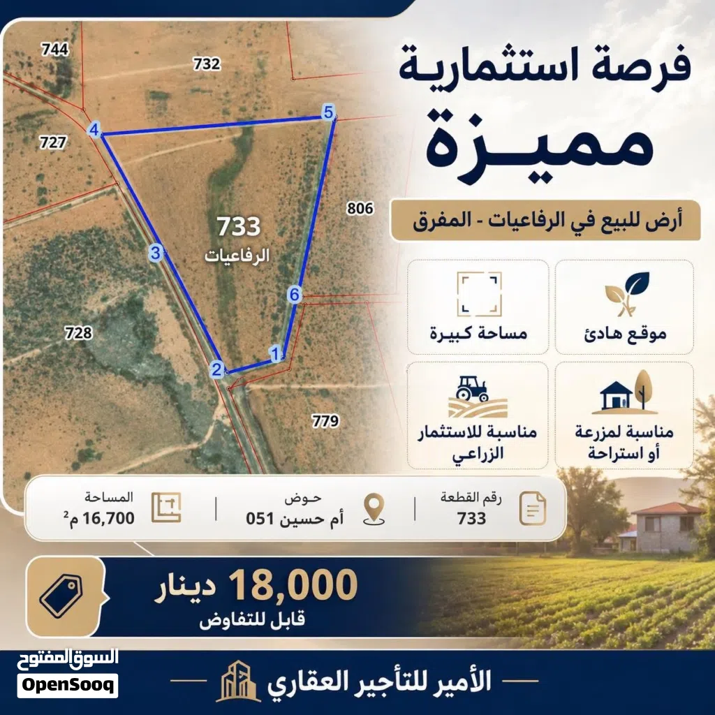 للبيع قطعة أرض مميزة في المفرق – الرفاعيات مساحة 16 دونم و700 متر