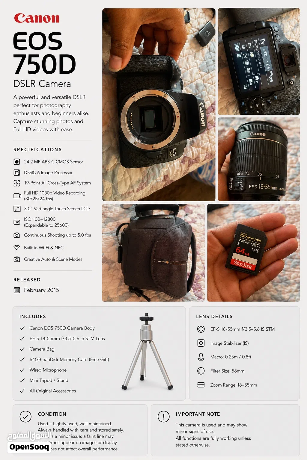 Canon EOS 750D DSLR Camera + Accessories – Excellent Condition