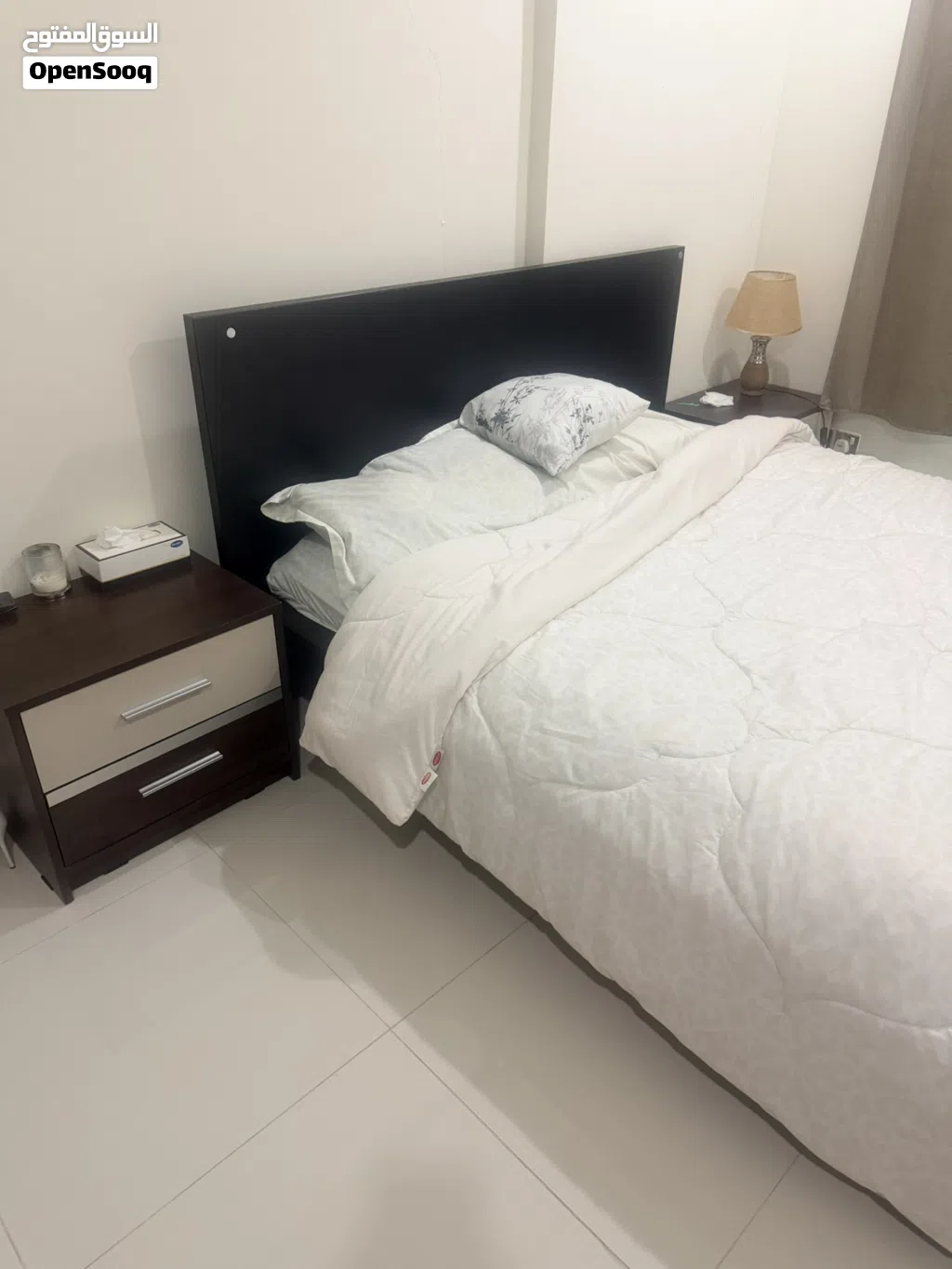 Queen size Bed, Mattress and two side tables