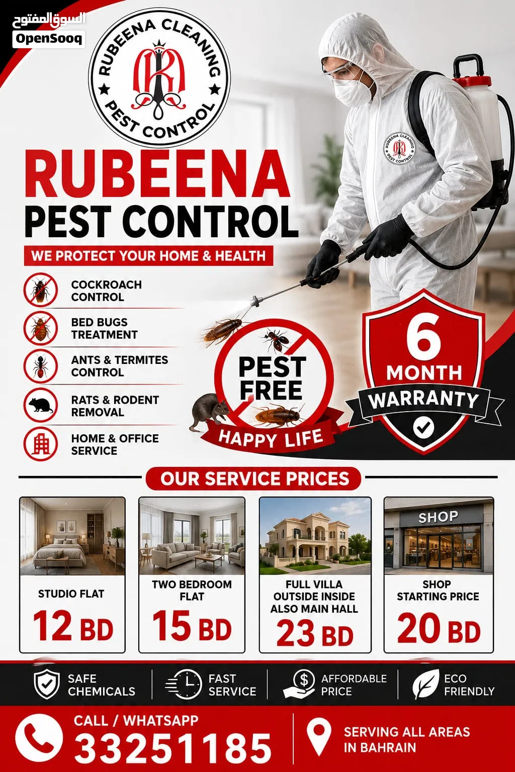 Big offer for Pest control services 2bhk 12 BHD 3 bhk 17 BHD