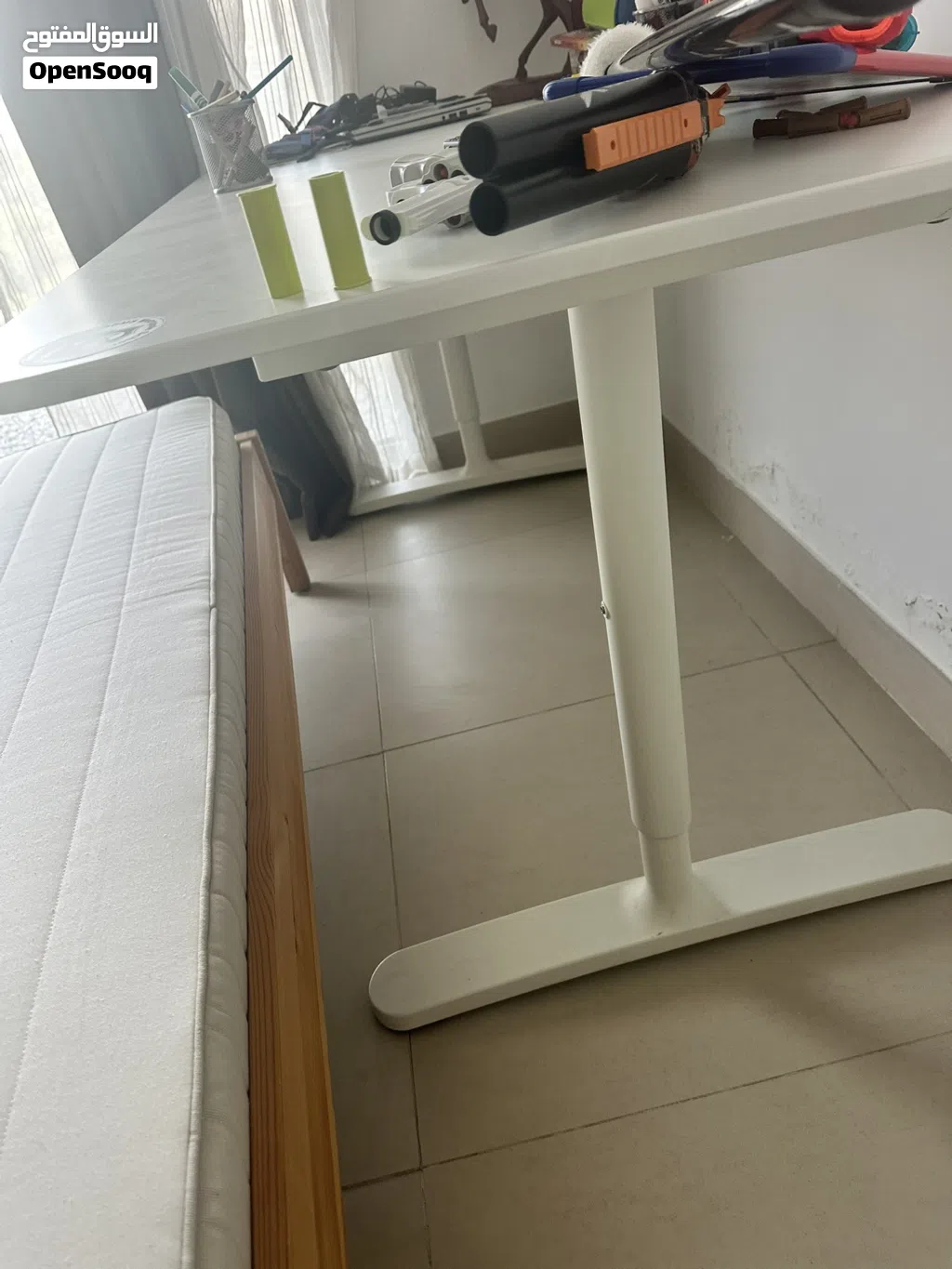 IKEA study desk with shelving unit and chair for sale — AED 350 for everything.