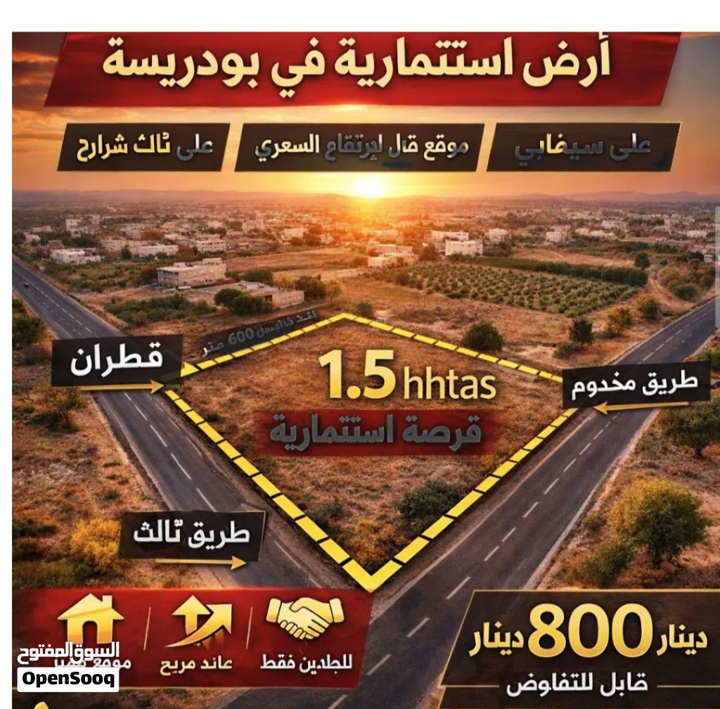 أرض استثمارية في بودريسة هكتار و1500 متر– موقع مميز على ثلاث شوارع – فرصة نادرة