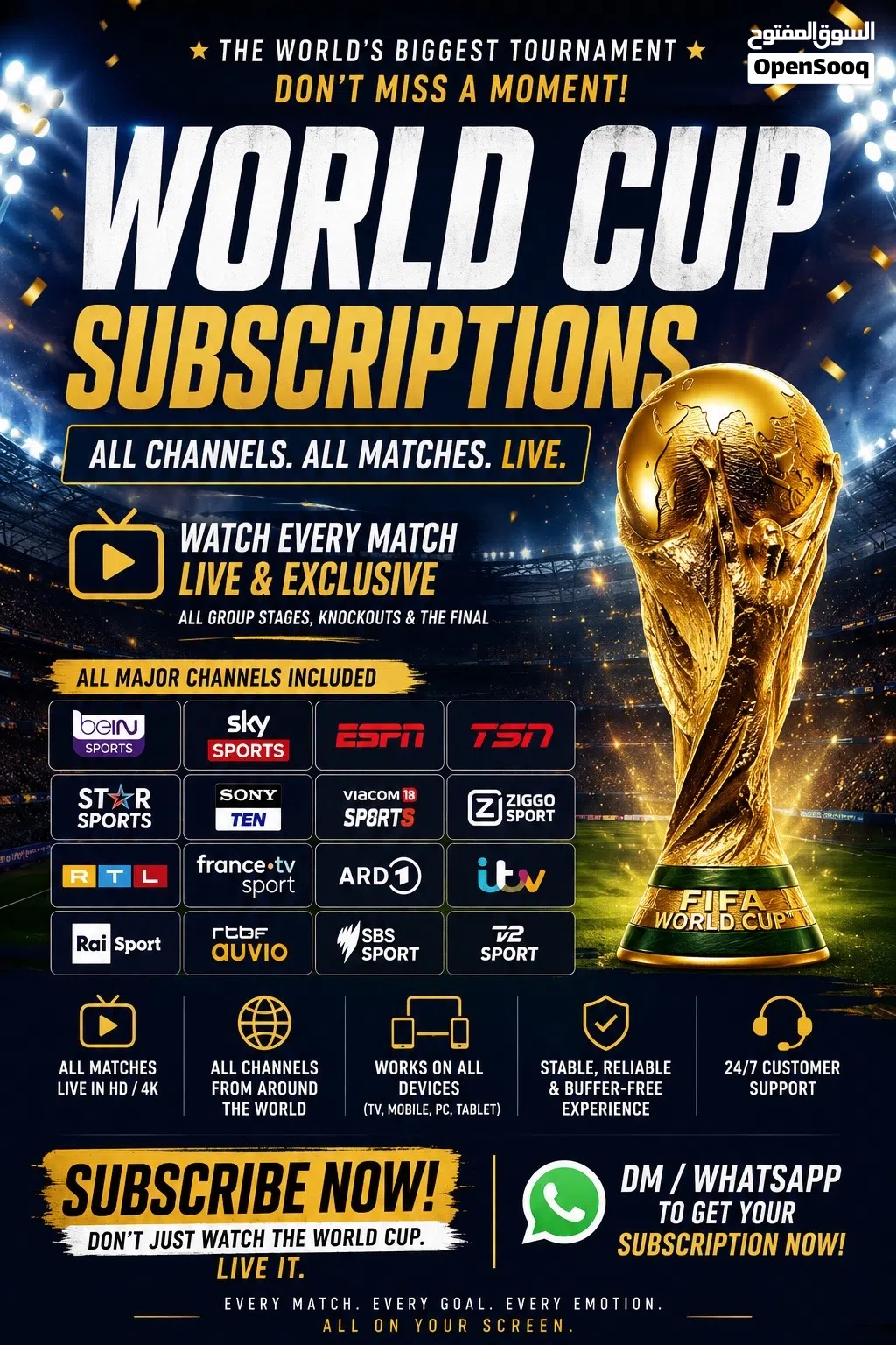 اشتراك جميع قنوات كاس العالم وجميع قنوات العالم الثانية