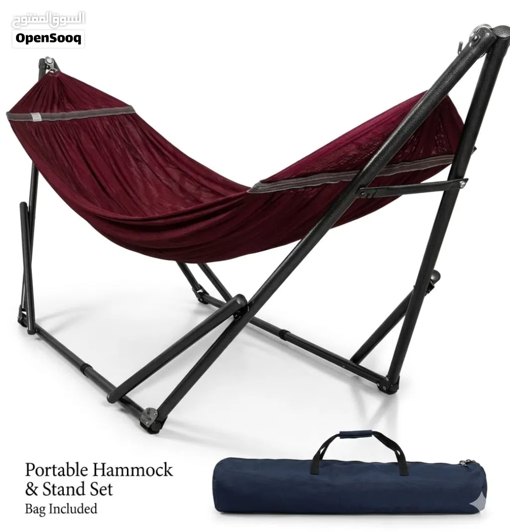Super Strong Tranquillo red double hammock set w/foldable black steel stand & bag