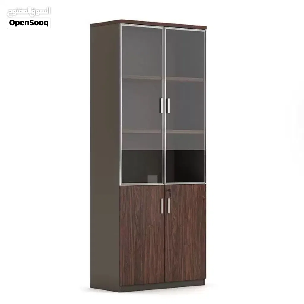This is a modern wooden office filing cabinet with glass doors and locking compartments