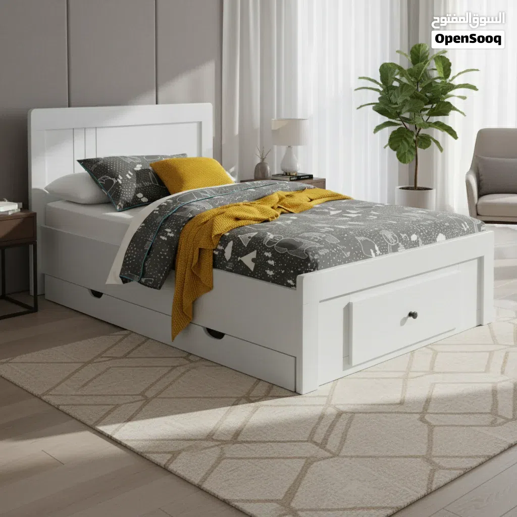 سرير عصري مفرد باللون الأبيض مع درج تخزين مدمج موديل BDM-7090