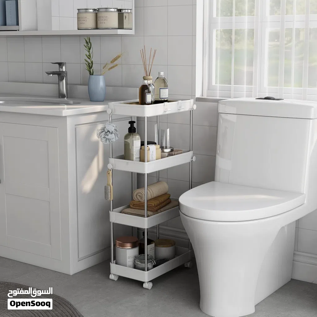 Bathroom organizer in stock with wheels and holes at the bottom Stainless steal