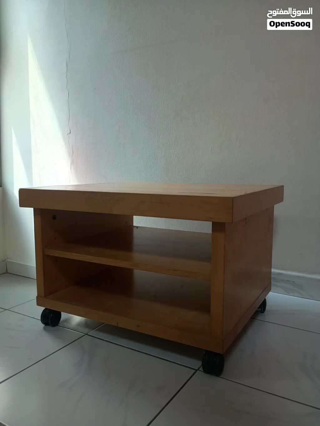Solid Wood Rolling Coffee Table with Open Shelves