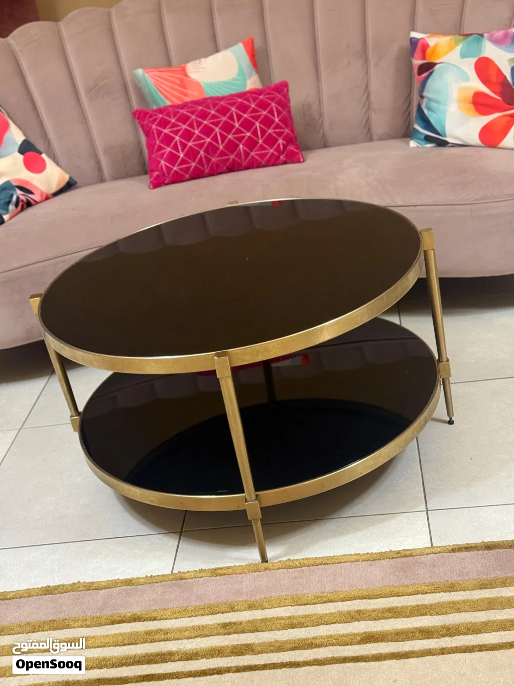 Elegant Modern Coffee Table – Black Glass with Gold Finish