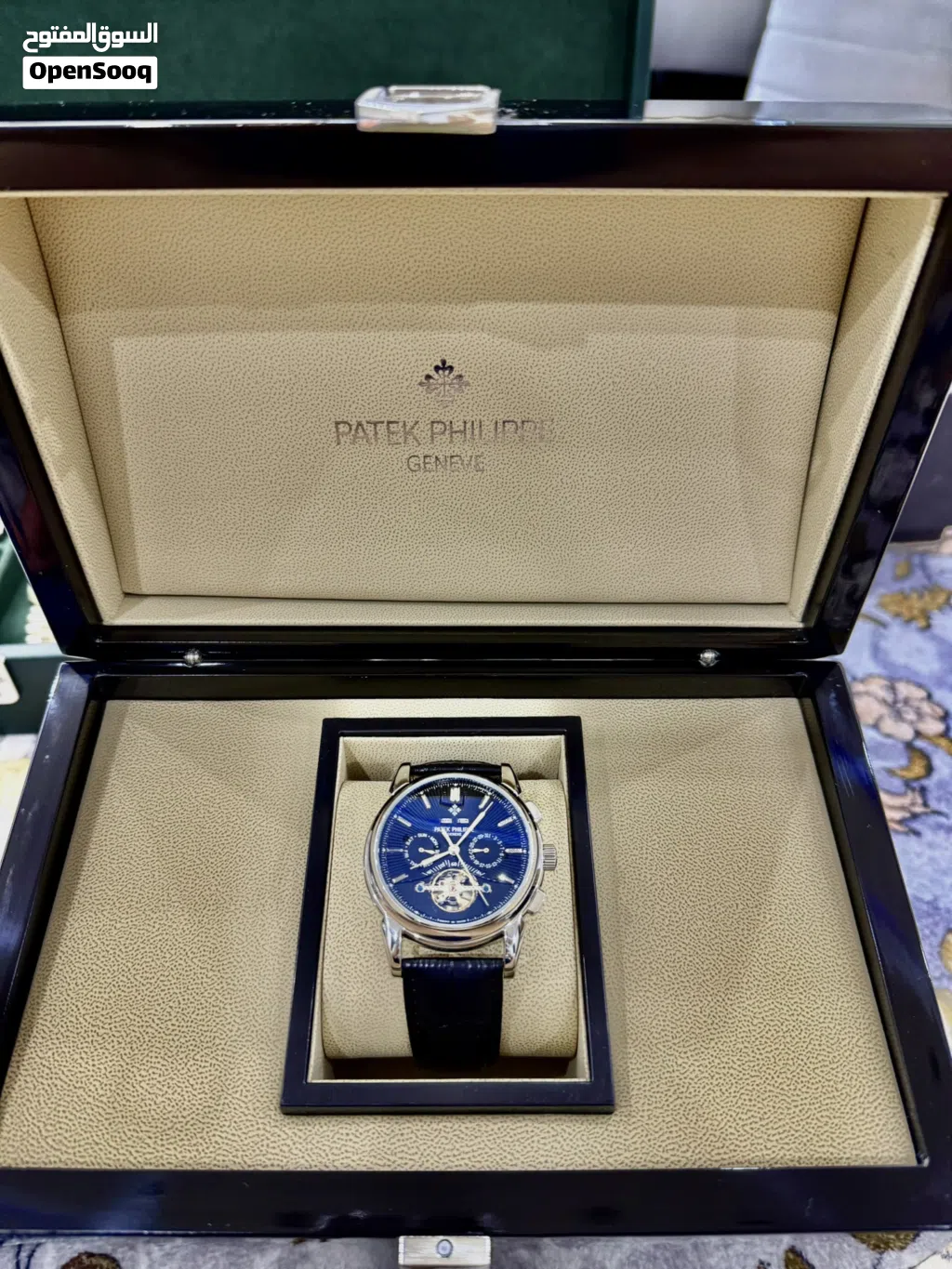 ساعة Patek Philippe فاخرة – توربيون أزرق جلد طبيعي – سوبر ماستر كوالتي VIP