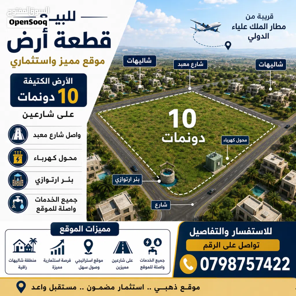 قطعة ارض للبيع من اراضي الموقر الكتيفة مثل الكف على شارعين شارع معبد