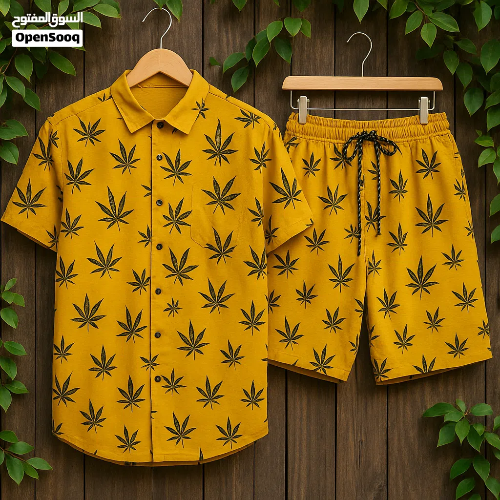 Men’s Mustard Yellow Summer Set – Cannabis Leaf Print Shirt & Shorts Casual Co-ord Outfit