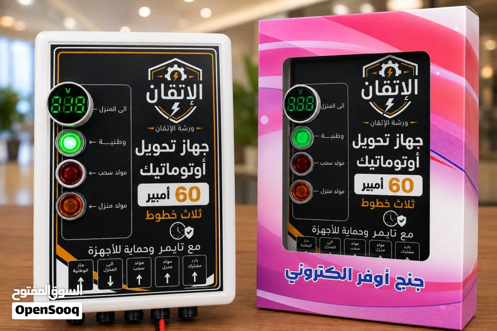 جهاز تحويل كهرباء اوتوماتيك ثلاث خطوط 60 امبير تايمر حمايه لأجهزة المنزل مع تصادم يمنع رجوع الكهرباء