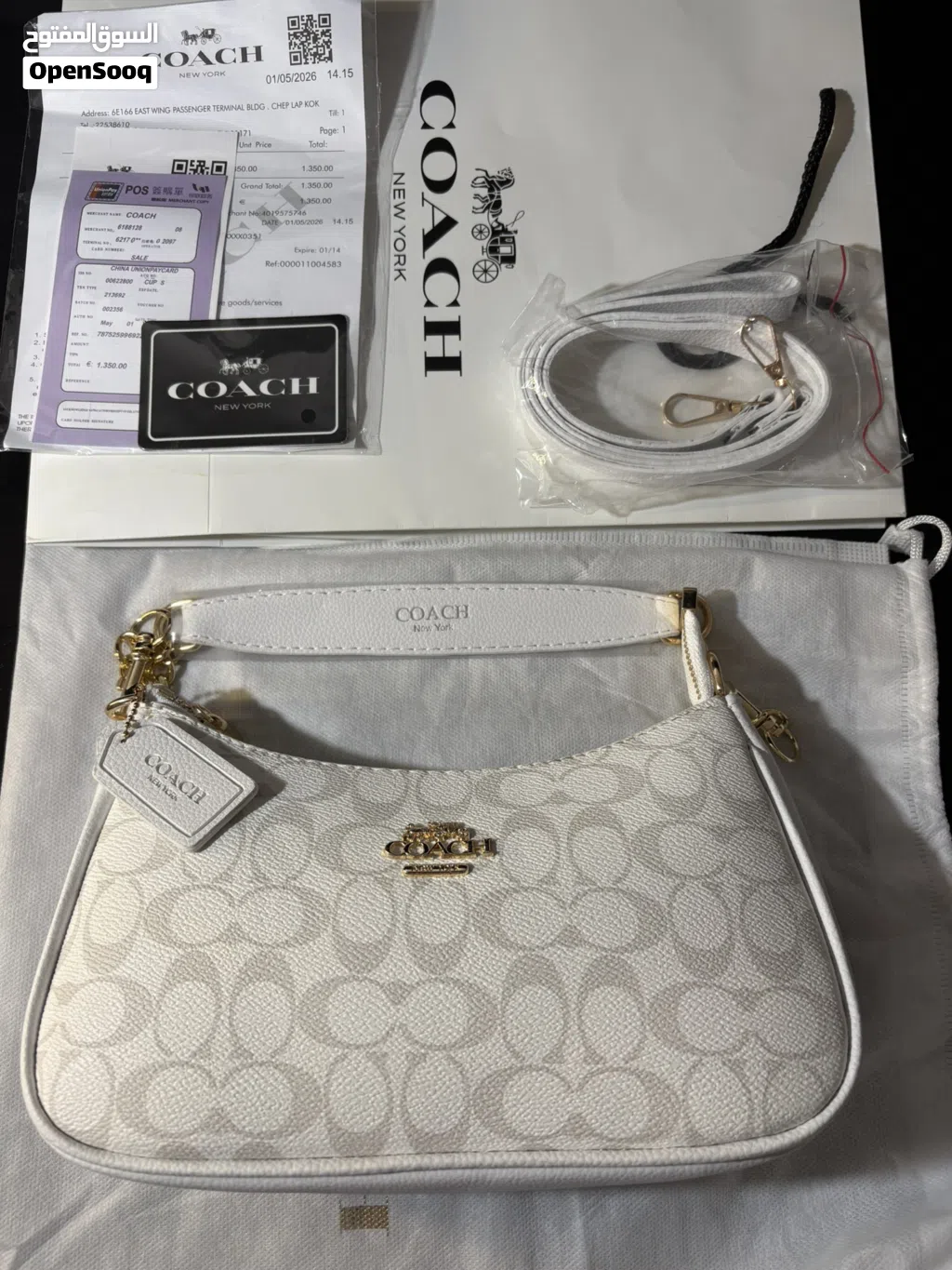 COACH Teri Shoulder Bag in Signature Canvas featuring white leather trim