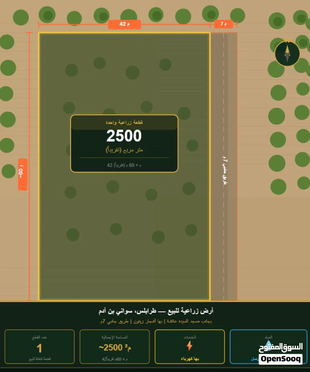 للبيع: قطعة أرض زراعية مساحة حوالي 2500م2 — طرابلس، سواني بن آدم