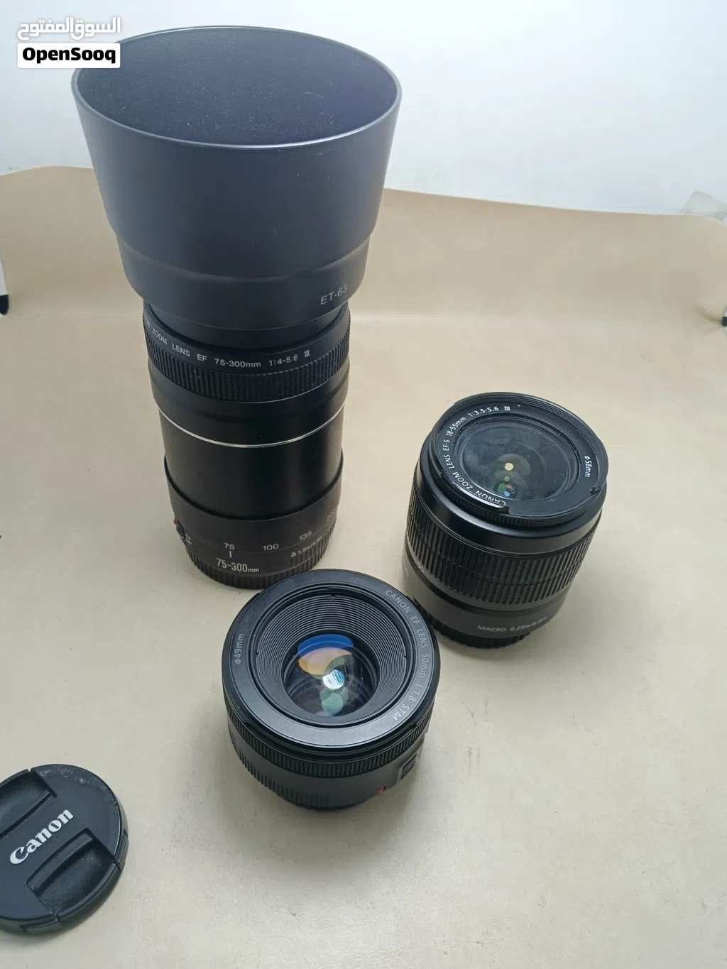 تلات عدسات كانون مستعمل إن بحاله ممتازه جدا 18-55 50mm stm 75-300 للبيع بسعر مرتب