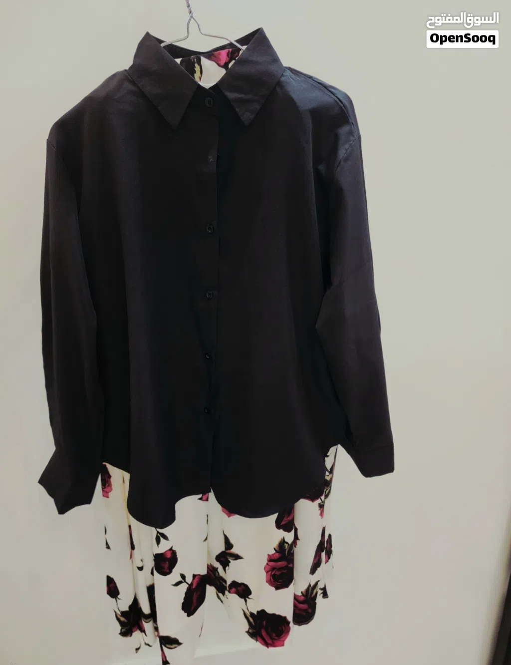 black shirt with beautiful white skirt with pink rosea