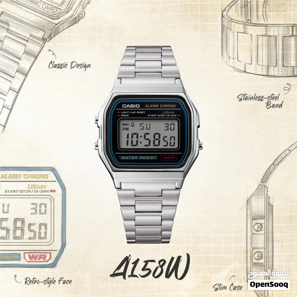 CASIO VINTAGE A158WA-1 • 1/100-second stopwatch • LED light • Stainless steel band • Water resistan