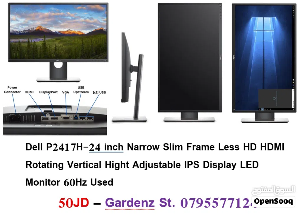 Dell 24 inch Narrow Slim Frame Less HD HDMI Rotating Vertical Hight Adjustable IPS Display LE