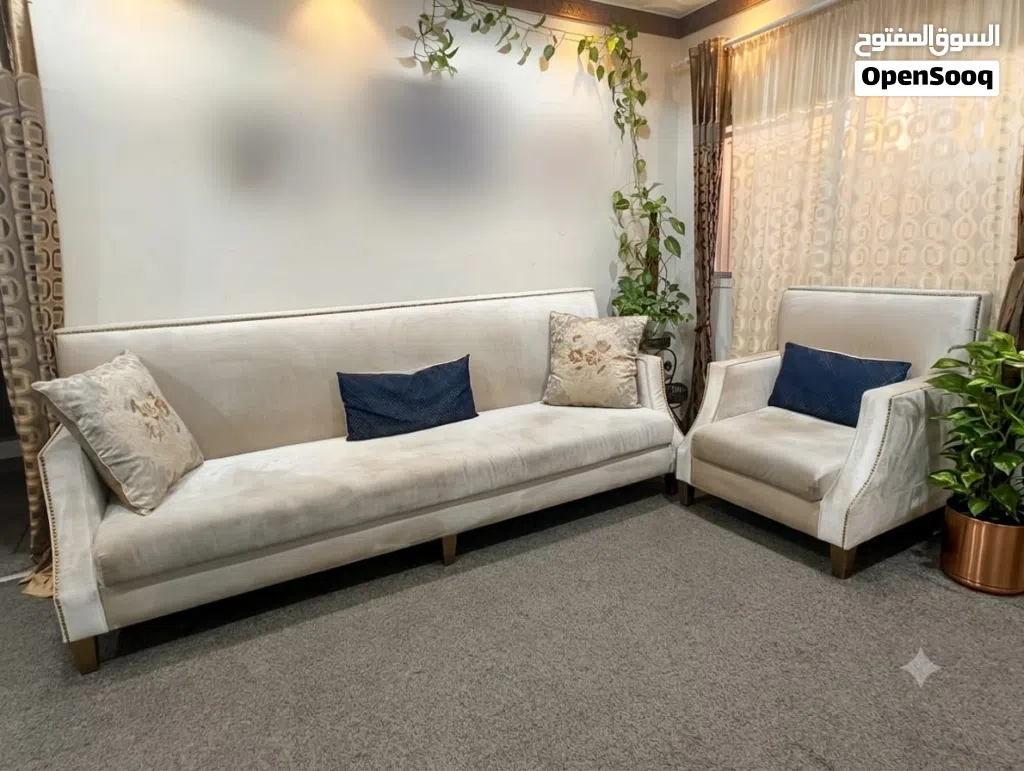 Sofas 4 seater with arm chair with curtain set for sale good condition