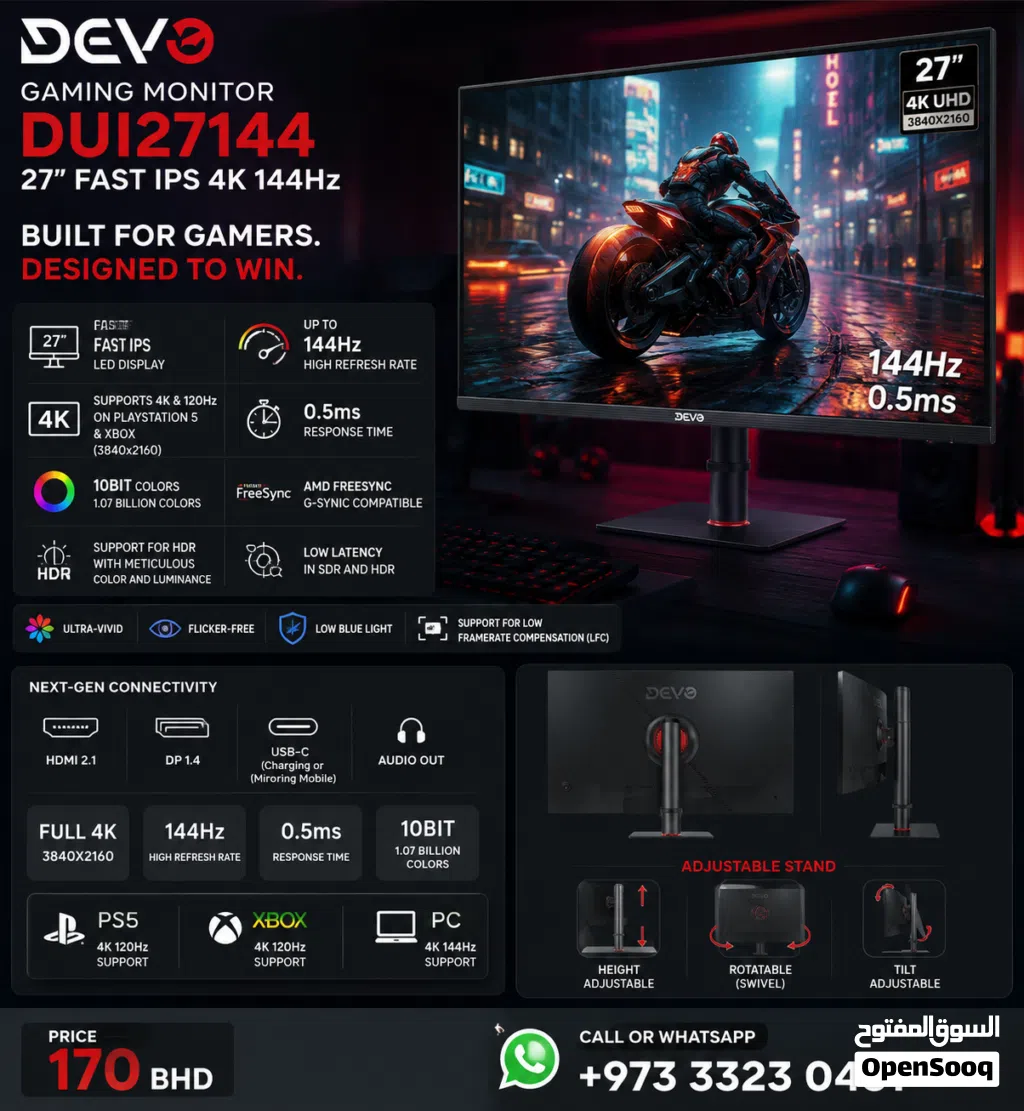 Devo Gaming monitor - DUI27144 - 27" Fast IPS 4K 144Hz (120Hz for PS5 & XBOX)