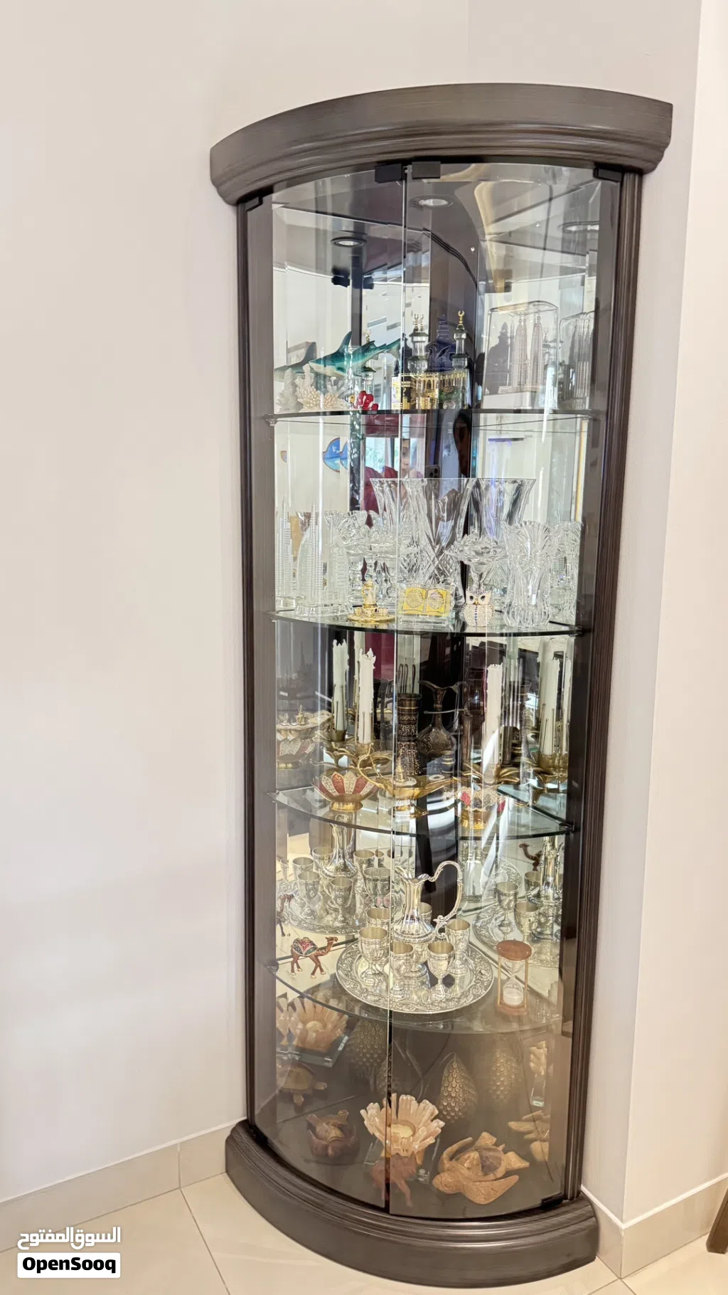 Corner Display Cabinet with Glass Doors and Ceiling Light