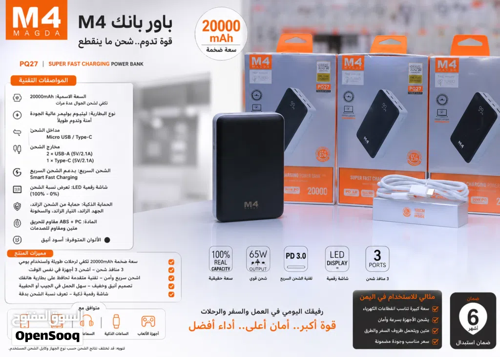 باور بانك M4 MAGDA 20000mAh شحن سريع 65W شاشة رقمية LED 3 منافذ شحن حماية ذكية متكامل