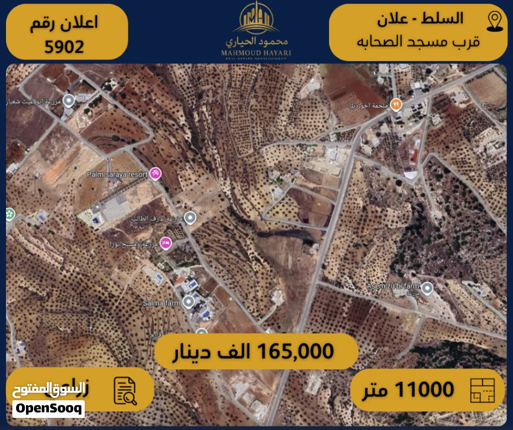 إعلان رقم (5902) أرض زراعية للبيع في السلط / علّان – قرب مسجد الصحابة