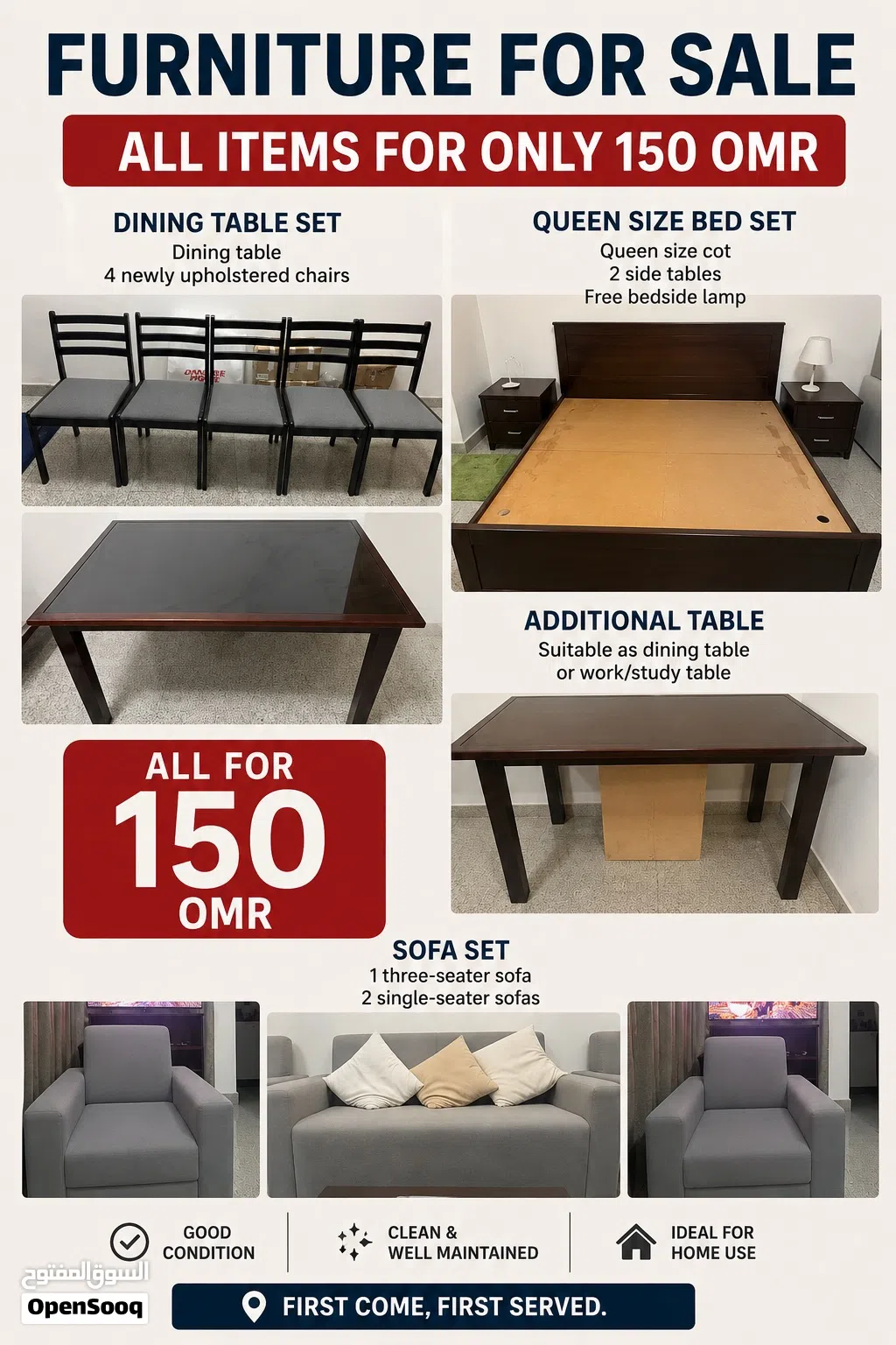 Dining table & 4 chairs, Queen size cot & side table & lamp, 2 single & 3 seater sofa, wooden table