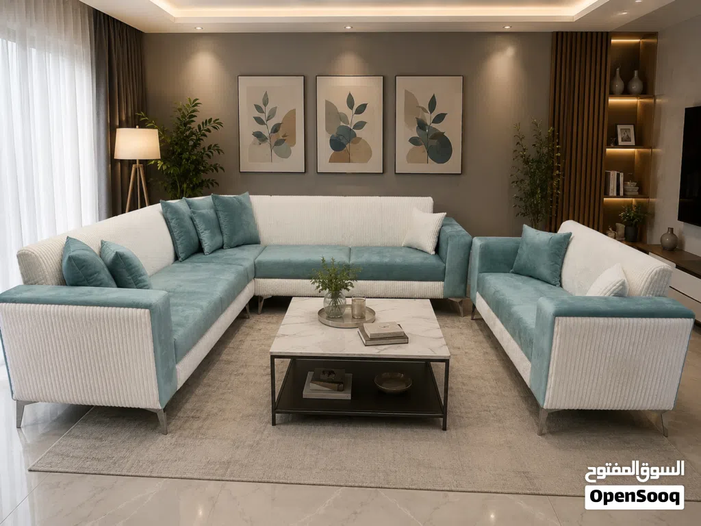 أطقم كنب وكورنر حرف ال مع مزدوجة تصميم مودرن جوده عاليه خشب سويد اسفنج دانلوب عروض لفترة محدودة