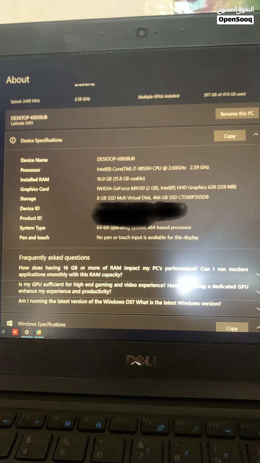 لابتوب Dell كسر زيرو i7 8850H 16GB RAMS 512GB SSD NVMe Vega Mx 130 2gb