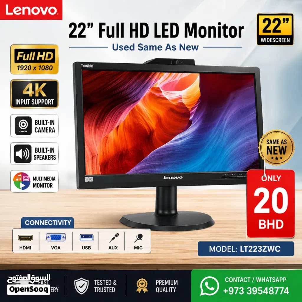 LENOVO 22” FULL HD MONITOR WITH CAMERA & SPEAKERS – SPECIAL OFFER – ONLY BHD 22! Call / WhatsApp
