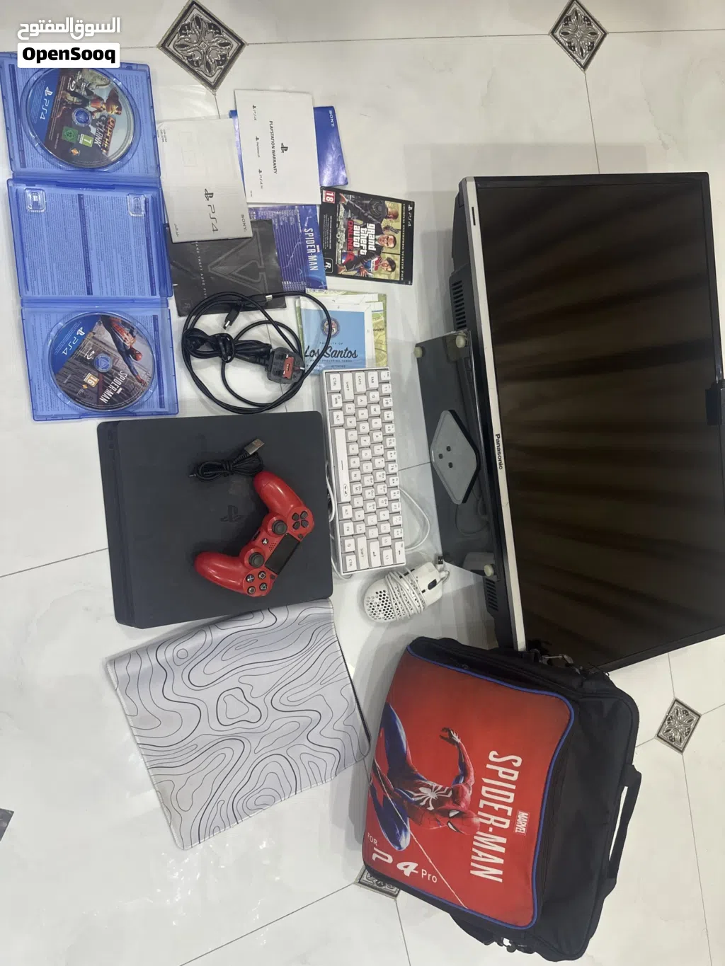 شاشة + ps4 slim (السوني لم يتم استخدامها كثيرا وهي في حالة الوكاله و البلتيشن منظفه وكل شي) .