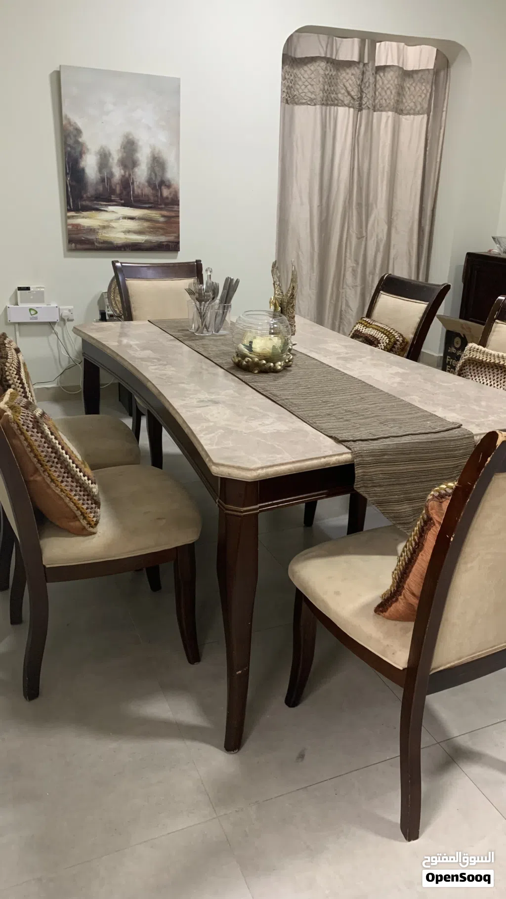 Dining table with 6 chairs - wooden frame, marble top inset