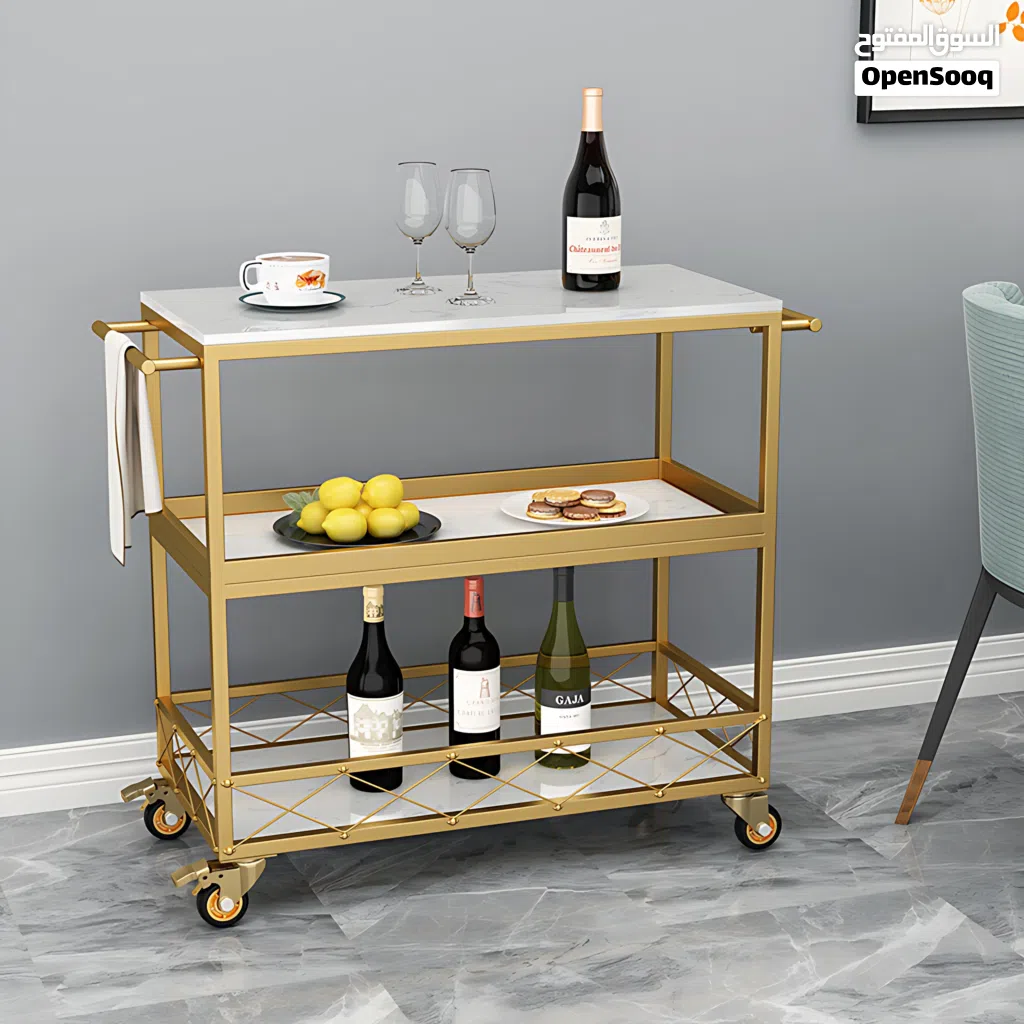 Gold Marble Top Bar Cart, 3-Tier Rolling Serving Trolley with Wine Storage for Home Dining Room