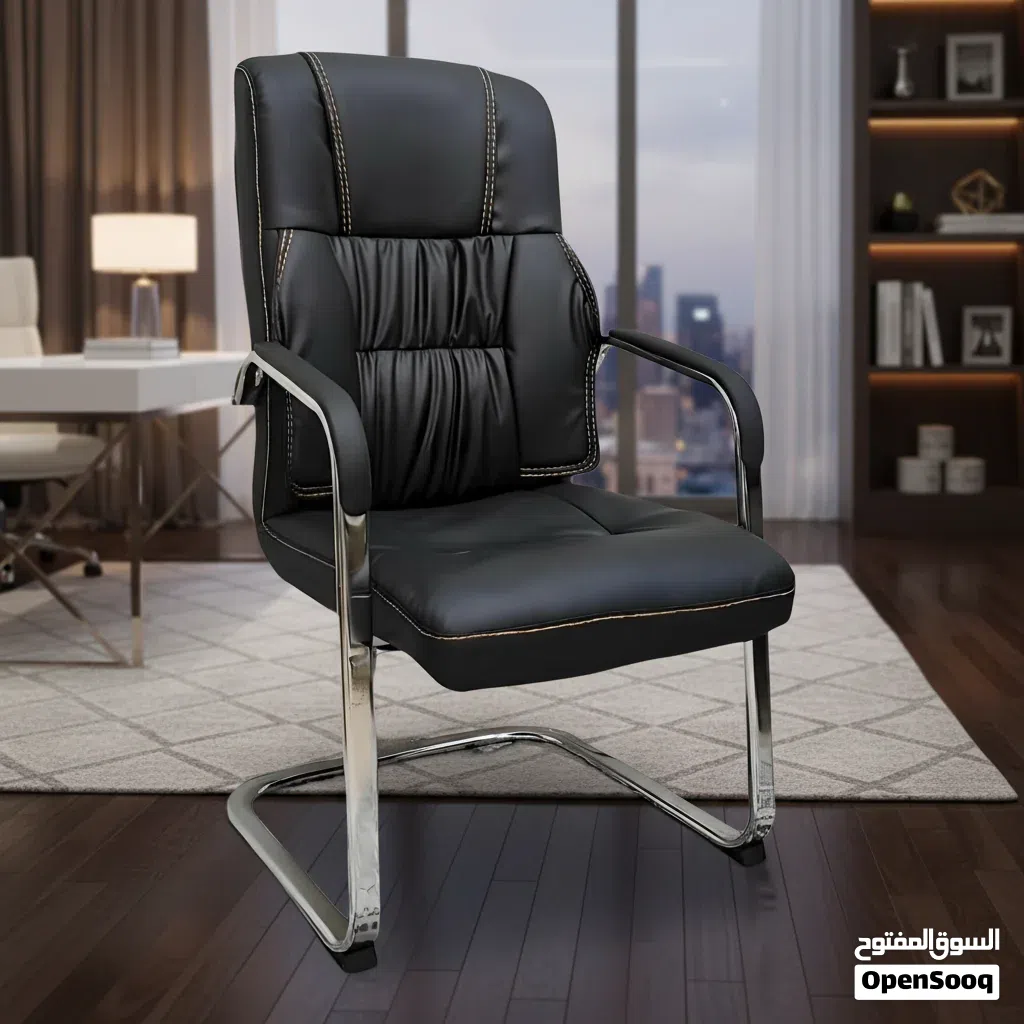 كرسي مكتب انتظار فاخر بجلد أسود وقاعدة كروم - C312 (BLACK)