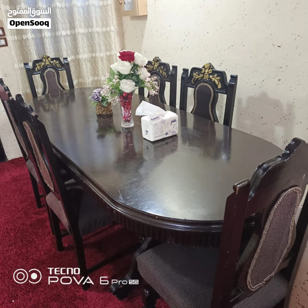 طاوله سفره خشب زان مع 6 كراسي وكاله
