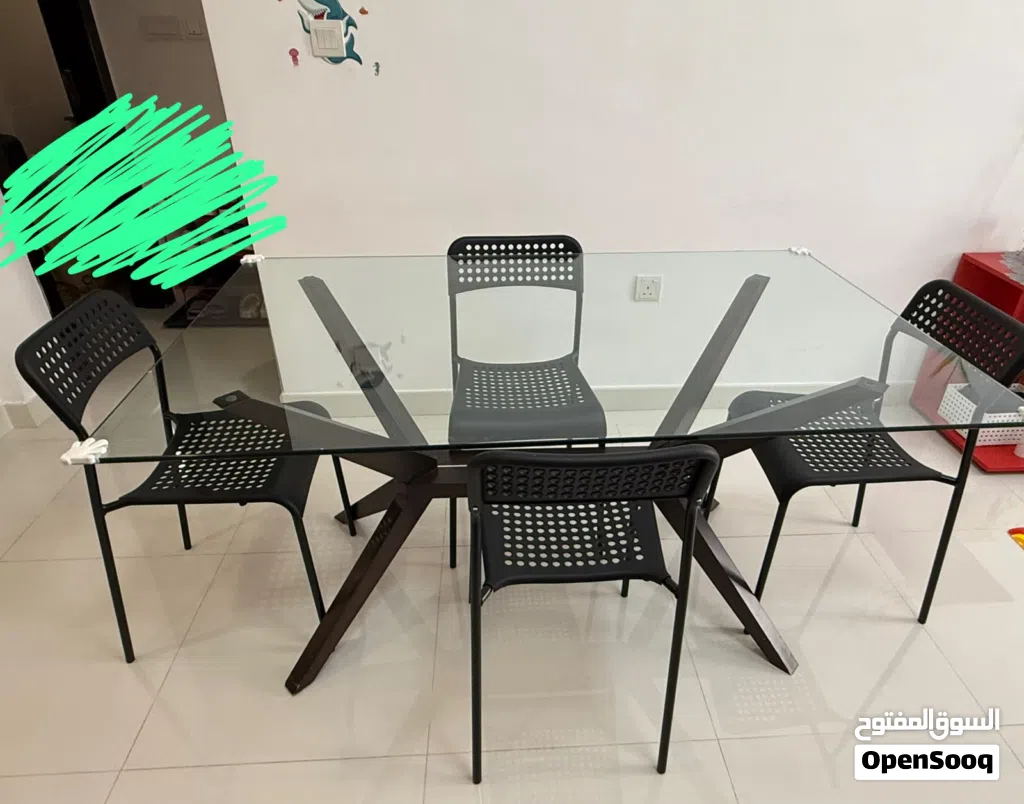 Glass Dining Table with 4 IKEA Chairs urgent sell طاولة طعام زجاجية